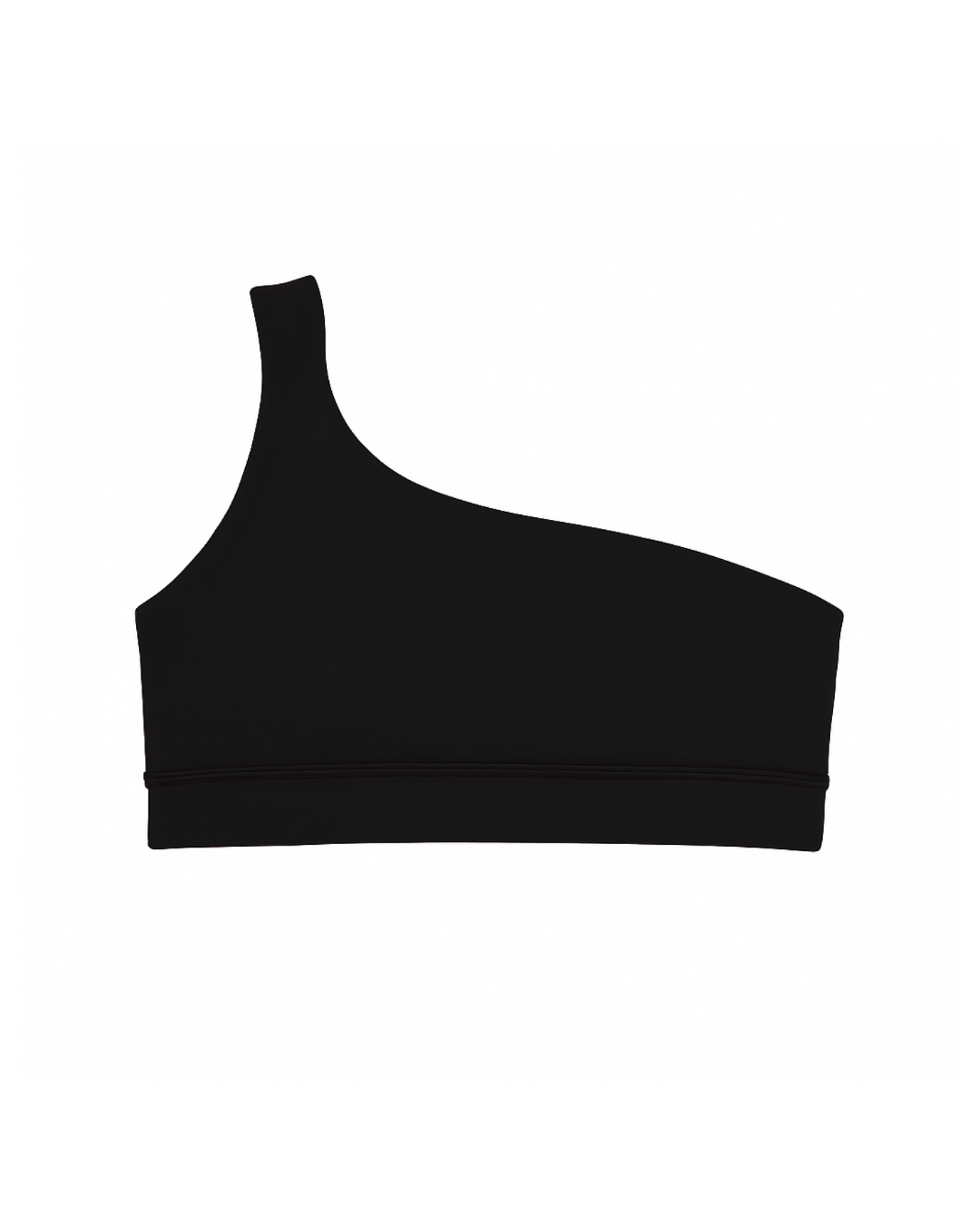 Flat lay del Core One-Shoulder Bra negro de Muv&Glow sobre fondo blanco, top deportivo de diseño asimétrico.