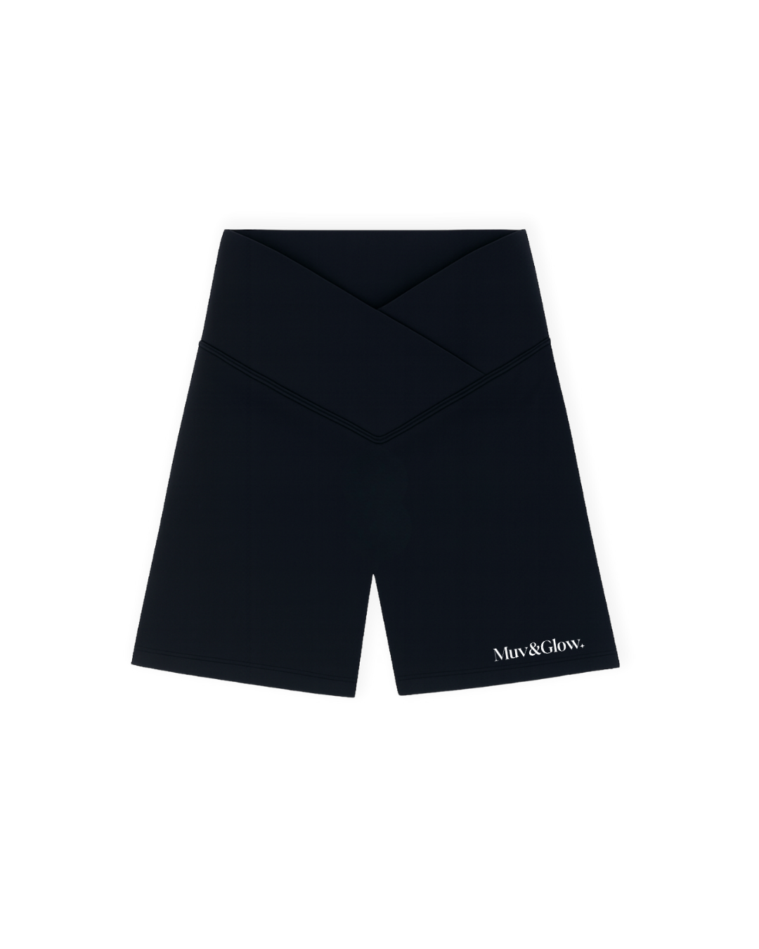 Short deportivo negro cruzado de Muv&Glow, modelo The Icon Shorts, vista flat lay.