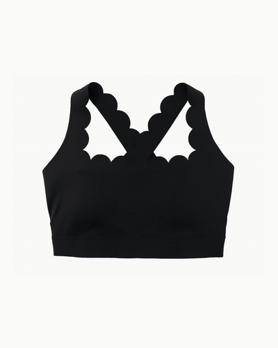 Vista flat lay del top deportivo The Edge Bra negro de Muv&Glow.